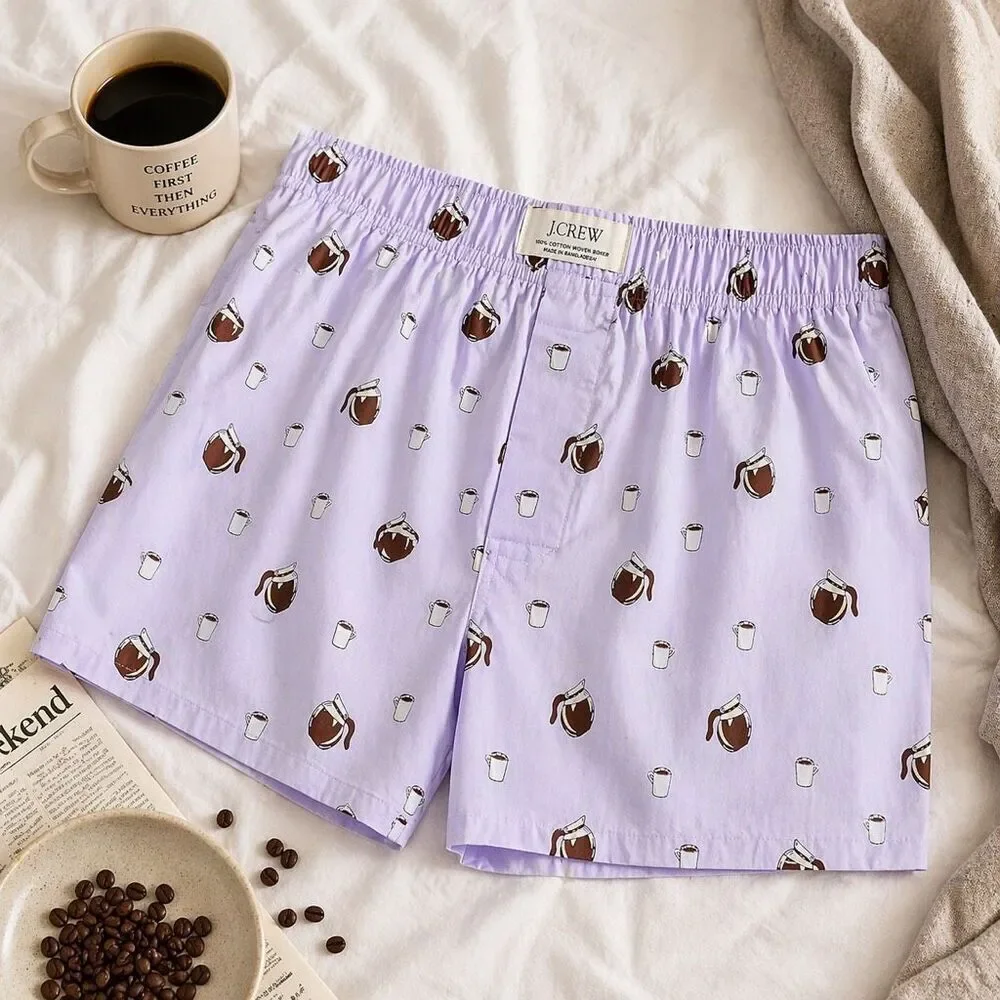 J.Crew Coffee Print Boxer Shorts Medium Purple 100% Cotton NWT Pajama Shorts